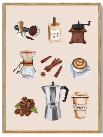 Kaffekopper plakat med illustrationer af kaffeudstyr. Lys baggrund, brun ramme. Perfekt kaffeplakat til køkkenet. Køb online!