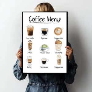 Coffee menu kaffeplakat with detailed illustrations of different coffee types. A stylish and informative kitchen poster.
