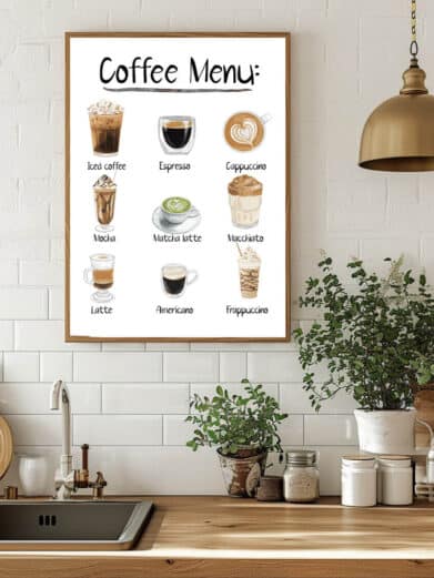Kaffeplakat med 'Coffee Menu'. Viser illustrationer af iced coffee, espresso, cappuccino, mocha, matcha latte, macchiato, latte, americano og frappuccino.