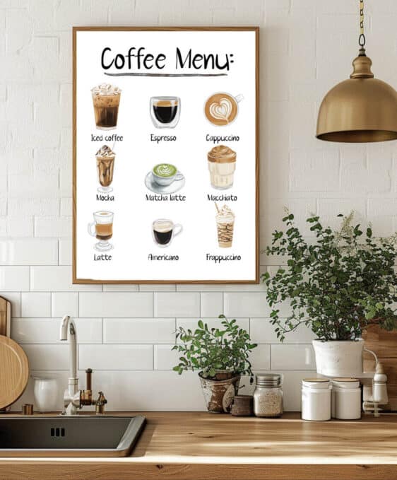 Kaffeplakat med 'Coffee Menu'. Viser illustrationer af iced coffee, espresso, cappuccino, mocha, matcha latte, macchiato, latte, americano og frappuccino.