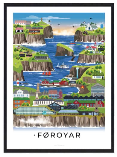 Faroe Islands poster with white border: a vibrant, illustrative map featuring colorful towns, cliffs, and blue waters. A decorative Færøerne print.