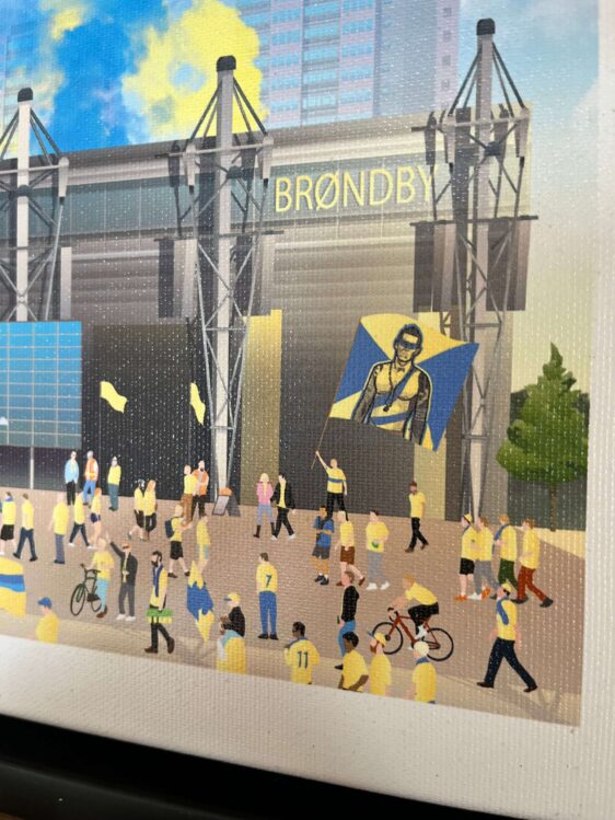 Brøndby Stadion lærredsprint i sort ramme. Illustration af ikoner som Mogens Krogh. Et must for Brøndby fans!