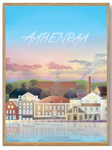Struer Martin Rahr plakat: Farverig bybillede med lyserød himmel, vandrefleksioner og bygningsdetaljer i træramme. Flot design!
