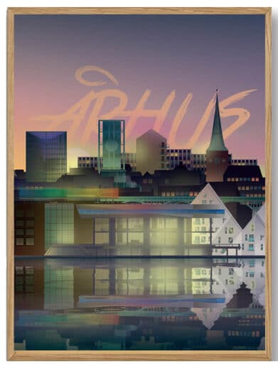 Struer - Martin Rahr plakat: Bybillede i dæmpede farver med refleksioner i vand. Moderne kunst.