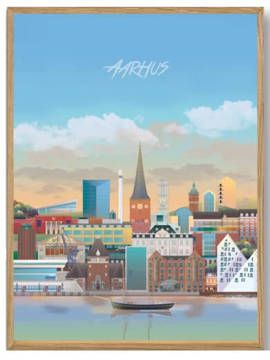 Farverig Aarhus plakat af Martin Rahr. Bybillede med smuk arkitektur og vand. Perfekt til stuen!