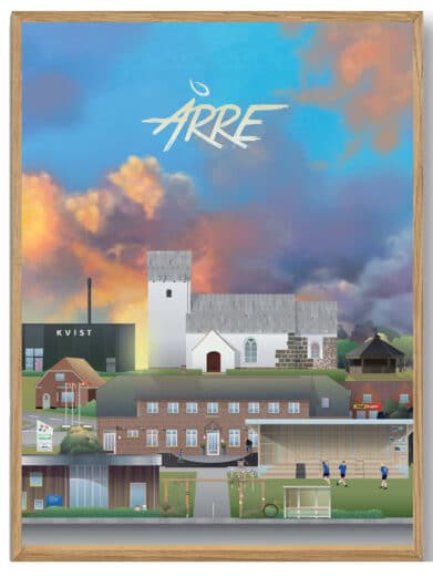 Struer - Martin Rahr plakat viser bybillede med kirke, 'KVIST' bygning og fodboldbane under en dramatisk himmel. Flotte farver!