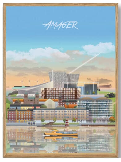Farverig Amager - Martin Rahr plakat. Bybillede med vand, bygninger og himmel. Flot detaljeret kunsttryk, ideel til stuen.