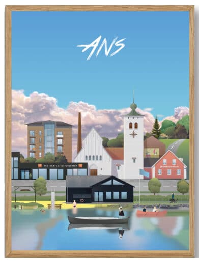 Martin Rahr's 'Ans' plakat: Farverig illustration af Silkeborg bybillede i en træramme. Detaljeret og stemningsfuld.