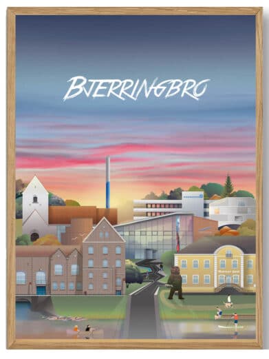 Martin Rahr Ans plakat. Bjerringbro motiv med bybillede, solnedgang og arkitektur. Køb din Silkeborg plakat nu!