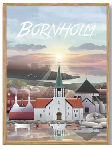 Martin Rahr Ans plakat: Farverig illustration af Bornholm med kirke, kyst og solnedgang i en træramme. Flot vægkunst.