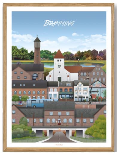 Martin Rahr Ans plakat. Billeder af Silkeborg, Midtjylland. Bybilleder i farver. Detaljeret illustration i ramme. ON SALE!