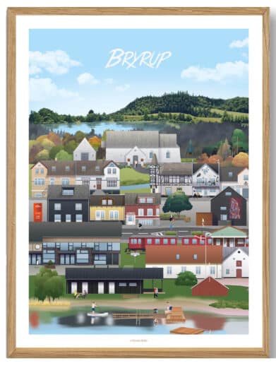 Martin Rahr's 'Ans' poster: A vibrant illustration of Bryrup, Midtjylland. Colorful buildings, framed, on sale.