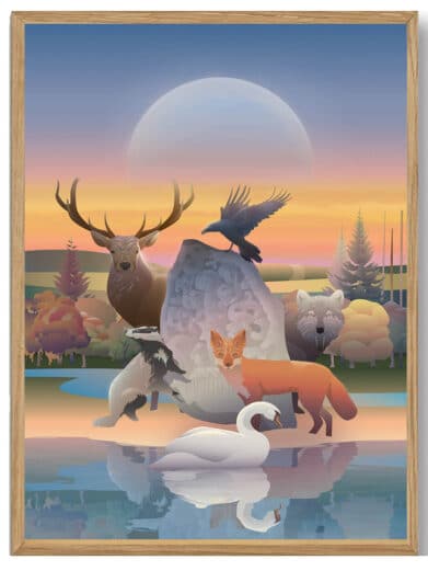 Martin Rahr Ans plakat med dyr i Midtjylland, Silkeborg. Farverig illustration i træramme.