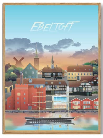 Amager plakat af Martin Rahr. Farverig bybilleder i træramme. Perfekt som Sjælland Hovedstaden kunst.