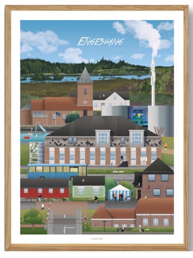 Farverig Ans Martin Rahr plakat. Bybillede med detaljerige illustrationer af Engesvang, Midtjylland, Silkeborg. Køb nu!