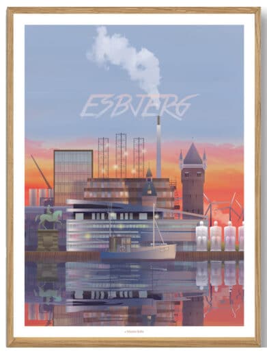 Esbjerg byplakat af Martin Rahr. Farverig illustration i varme toner af Esbjerg havn med vartegn. Perfekt som kunst til hjemmet.