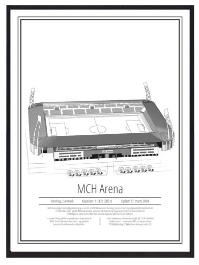 MCH Arena – FC Midtjylland plakat. Detaljeret sort/hvid illustration af stadion. Perfekt for fodboldfans. Køb nu!