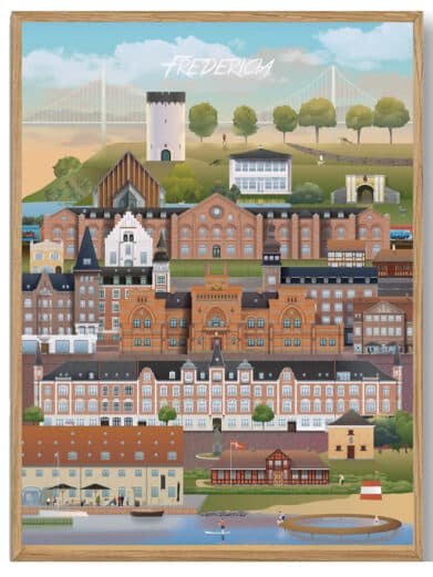 Farverig plakat af Fredericia by fra Martin Rahr. Visuelle detaljer af bygninger, vand og himmel i en kunstnerisk stil.