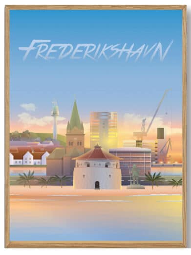 Esbjerg plakat af Martin Rahr. Bybillede i dæmpede farver med arkitektur og vand. Perfekt til stuen.