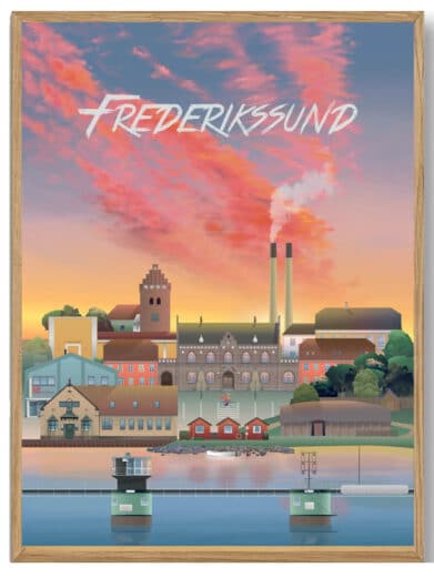 Esbjerg plakat af Martin Rahr. Farverig byplakat i træramme. Perfekt til at bringe Esbjergs charme ind i dit hjem.