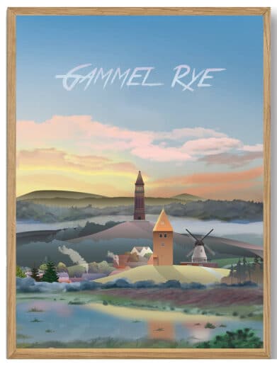 Martin Rahr Ans plakat. Illustreret Gammel Rye landskab med mølle, tårn og sø i dæmpede farver og træramme.