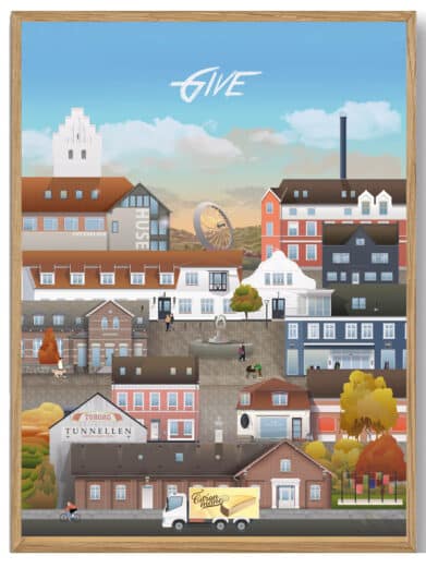 Farverig Esbjerg plakat af Martin Rahr. Bybillede med unikke detaljer, perfekt til stuen. Køb Esbjerg plakaten online!