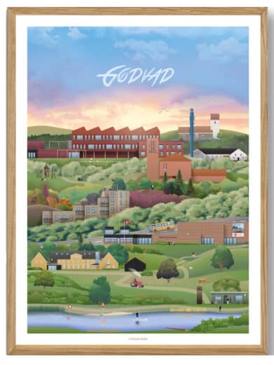 Martin Rahr Ans plakat. Bybillede af Silkeborg, Midtjylland. Farverig og detaljeret illustration i ramme.