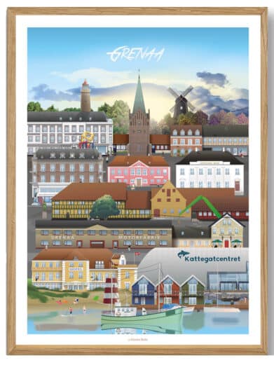 Martin Rahr's "Ans" plakat. Farverig bybilledillustration i ramme. Detaljerede bygninger, vand, og himmel. Perfekt som Silkeborg plakat.