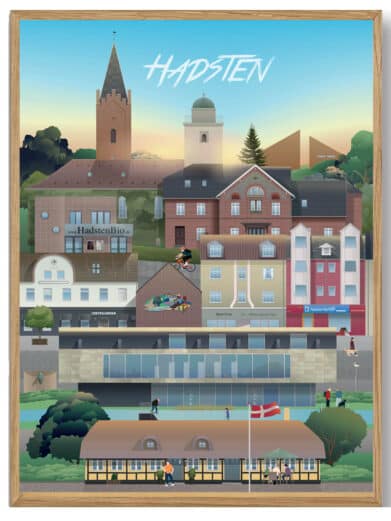 Kjellerup Martin Rahr byplakat. Farverig illustration i træramme. Detaljeret bybillede med kendte vartegn. Perfekt til stuen.