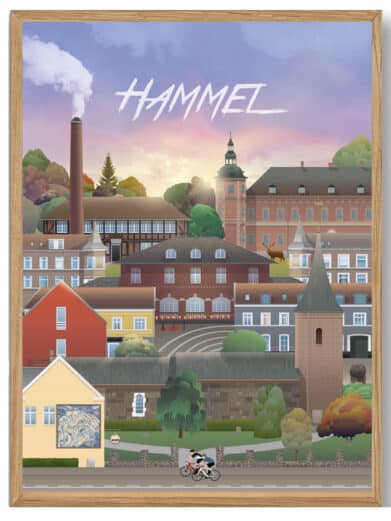 Martin Rahr Ans plakat. Billeder af Silkeborg, Midtjylland, og Hammel i en farverig, stilfuld illustration i ramme.