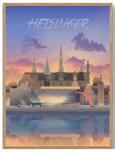 Martin Rahr's "Kjellerup" byplakat. Detaljeret illustration i træramme, med varme farver og smukke arkitektoniske detaljer. Et unikt kunstværk.