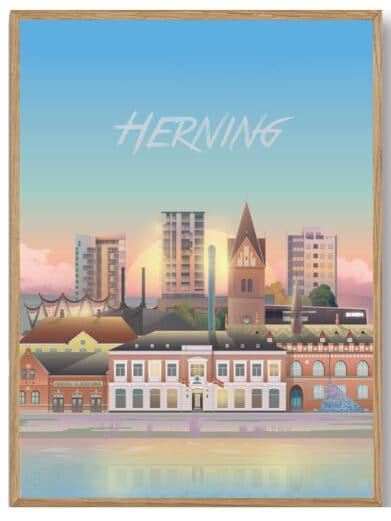 Kjellerup - Martin Rahr by. Colorful cityscape art print featuring buildings, sunset hues, and reflective water. On sale now!