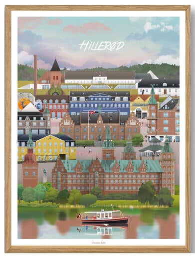 Ans - Martin Rahr plakat med farverige bygninger, sø og båd i Hillerød stil. Detaljeret og indbydende bybillede.