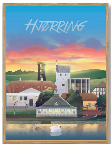 Kjellerup Martin Rahr plakat. Bybillede i Midtjylland med solnedgang og vand. Flotte farver og detaljer. På tilbud!