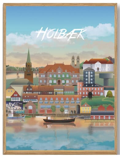 Holbæk - Martin Rahr byplakat. Farverig illustration af Holbæks bybillede med vand, bygninger og himmel. Perfekt som vægkunst.