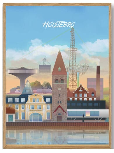 Holstebro plakat af Martin Rahr. Billedet viser en farverig byplakat i Midtjylland med ikoniske bygninger og refleksioner i vandet.
