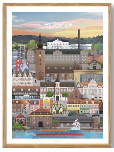 Ans Martin Rahr plakat: Farverig bybilleder af Horsens i Midtjylland. Detaljeret og kunstnerisk design.
