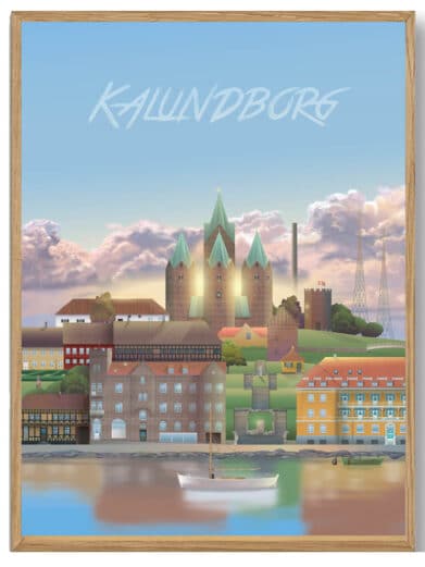 Kjellerup - Martin Rahr by. Farverig byplakat i træramme. Visuelle elementer inkluderer arkitektur og vand. Perfekt til vægkunst.
