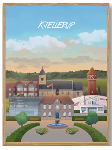 Kjellerup Martin Rahr byplakat. Farverig illustration af Kjellerups vartegn, set i et flot design. Perfekt som gave eller dekoration.