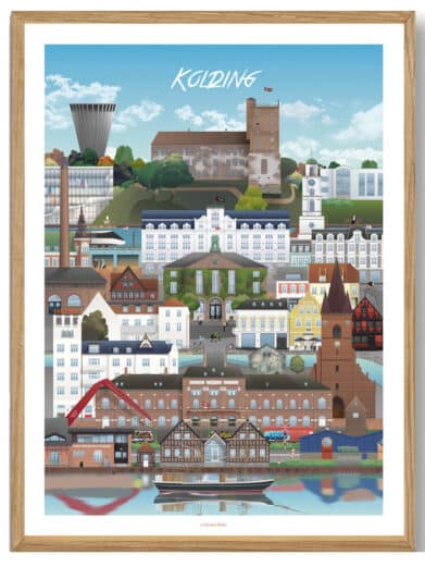 Martin Rahr Ans plakat: Farverig illustration af Kolding by med vartegn og arkitektur. Perfekt som bybillede i hjemmet.