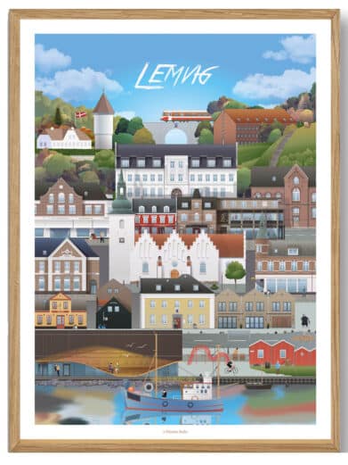 "Ans - Martin Rahr" plakat. Farverig bybillede i træramme. Detaljeret illustration af Lemvig med havn, huse og tog.