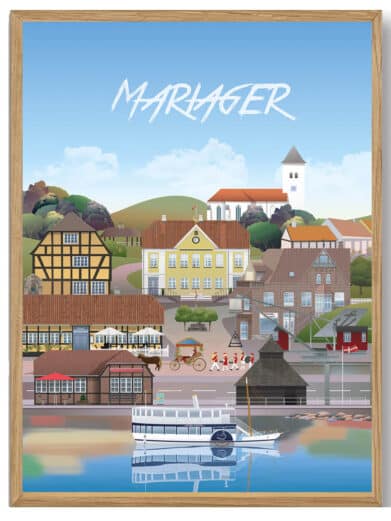 Martin Rahr Ans plakat med Mariager motiv. Flot bybillede i rolige farver, viser detaljeret udsigt over byen.