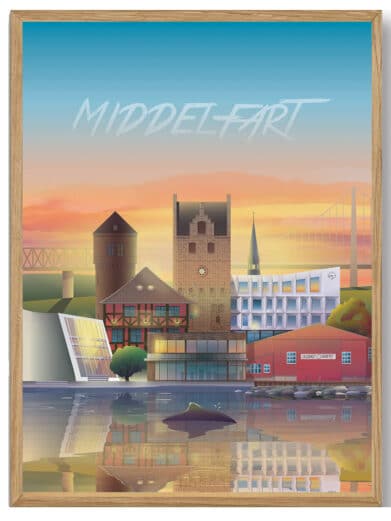 Martin Rahr Ans plakat: Farverig illustration af Middelfart skyline ved solnedgang, indrammet i træ. Flot bybillede fra Midtjylland, Silkeborg.