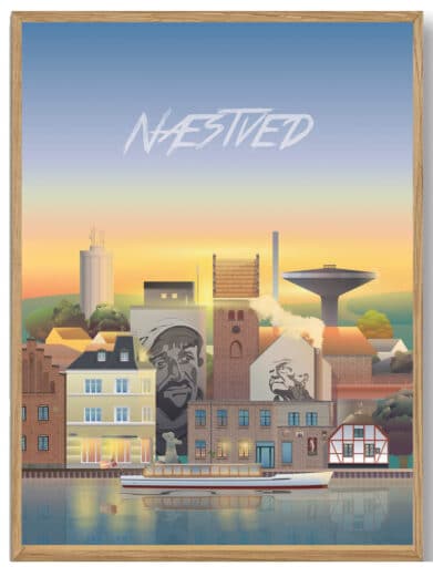 Næstved Martin Rahr plakat: Farverig byplakat med detaljerede bygninger og vand. Perfekt til stuen!