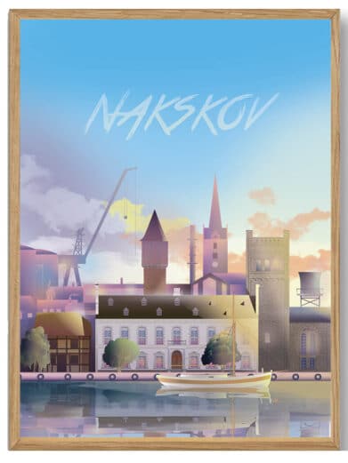 Nakskov art print by Martin Rahr. Features a colorful illustration of the city's waterfront in a light wood frame.
