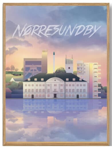 Næstved Martin Rahr plakat. Billedkunst i dæmpede farver, der viser byens arkitektur med vandrefleksioner. Moderne og stilfuld.