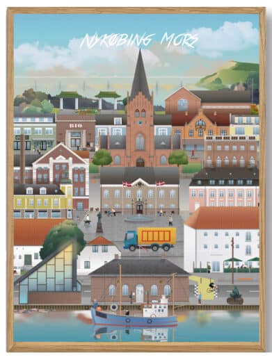 Nykøbing Mors Martin Rahr plakat. Farverig byplakat i træramme. Flot design af Nykøbing Mors med kirke, havn og byliv.