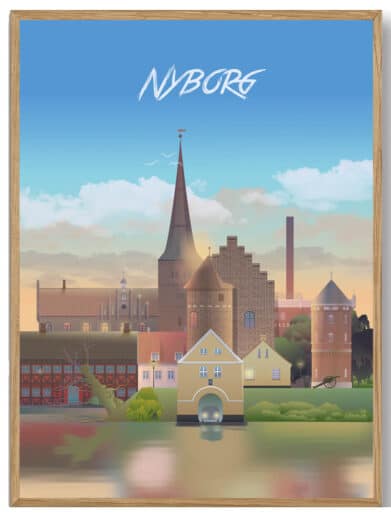 Farverig Nyborg plakat af Martin Rahr. Bybillede med kirke, vand og himmel. Perfekt Fyn souvenir, nu på tilbud!
