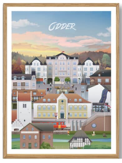 Martin Rahr Ans plakat, der viser et bybillede af Silkeborg i Midtjylland. Detaljeret illustration i en ramme.