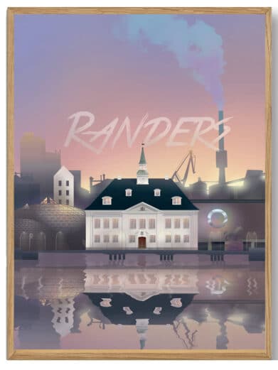 Næstved Martin Rahr plakat. Billedkunst af Næstved bybillede i dæmpede farver med bygning og refleksion. Flot kunst til hjemmet.